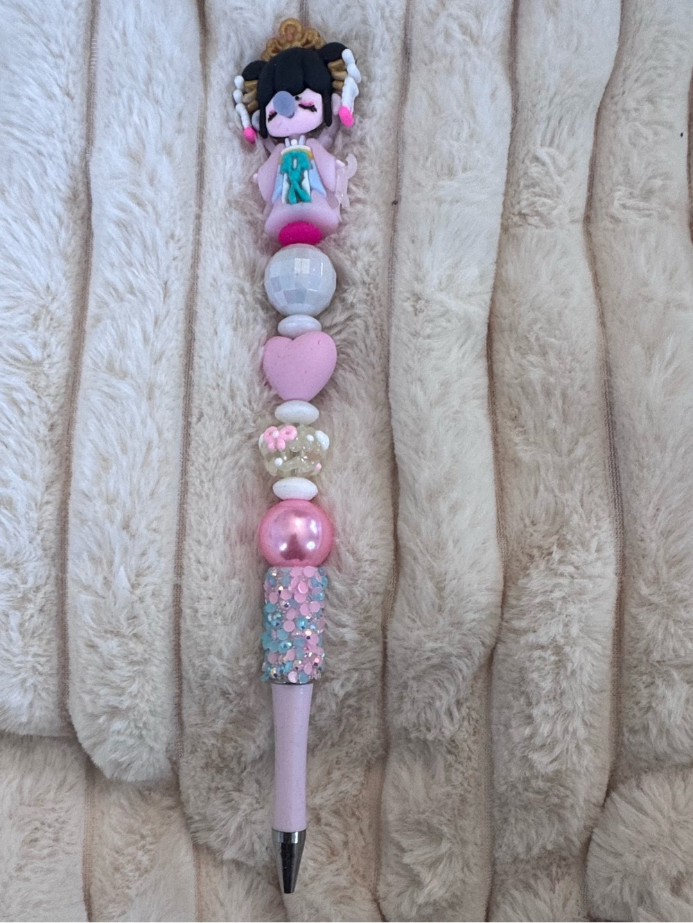 Pink Beaded Kids Novelty Pen with Doll Topper